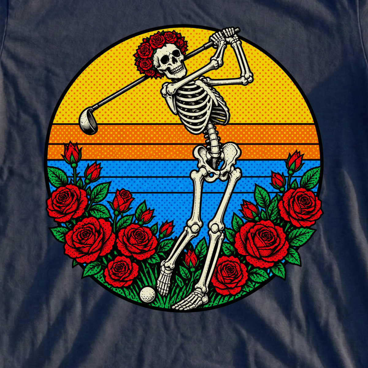 Skeleton Swing Sunset Pop Art Tee, print close-up on Navy