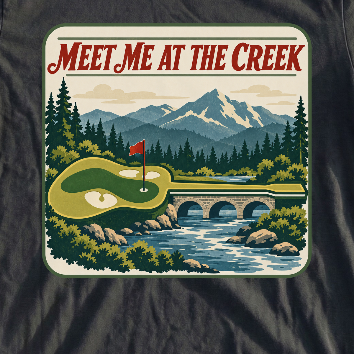 Meet Me At The Creek Travel Poster Tee, print close-up on Black