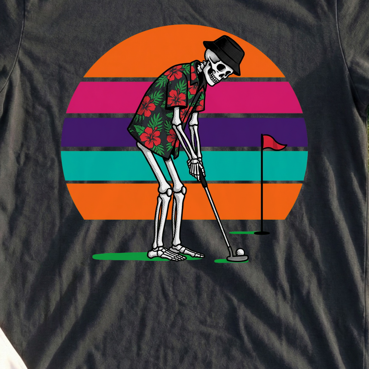 Tropical Skeleton, Halftone Sunset Putt Tee, print close-up on Black