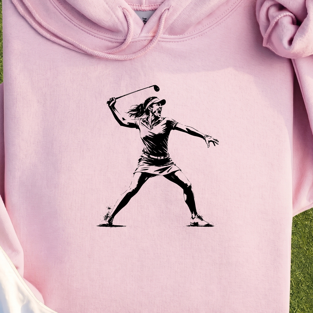 Angry Female Golfer Hoodie, print close-up on Light Pink