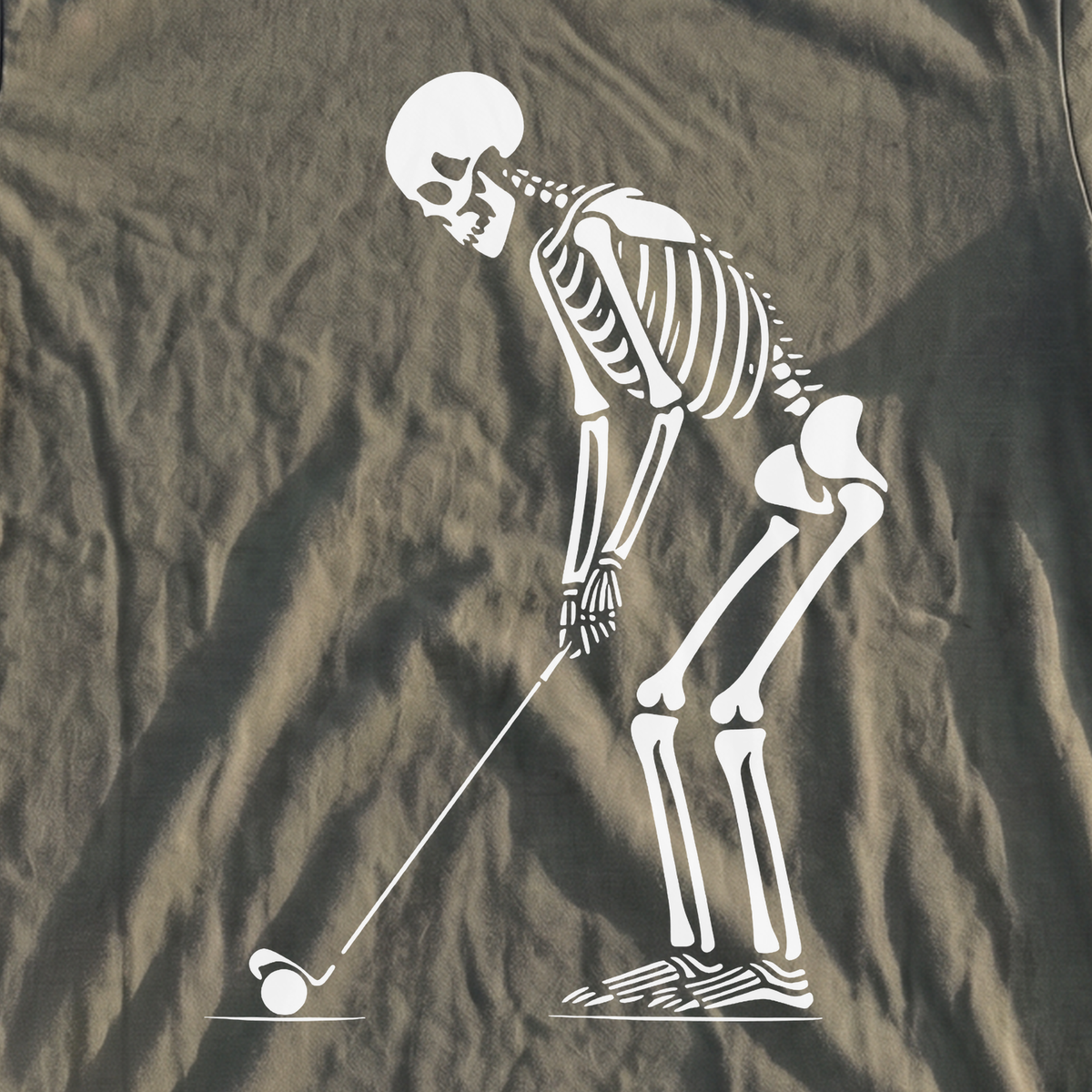 Skeleton Golfer Premium Tee, print close-up on Moss