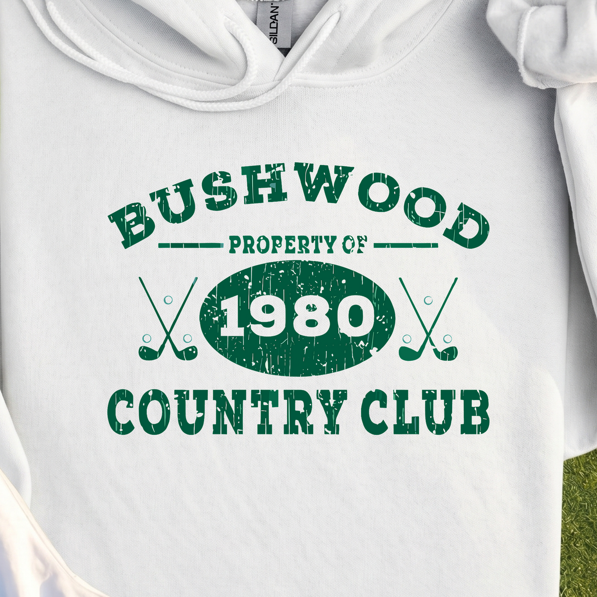 Property Of Bushwood Hoodie, print close-up on White