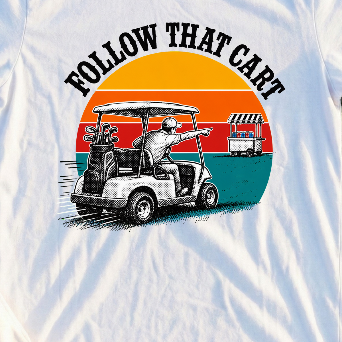 Follow That Cart Tee, print close-up on White