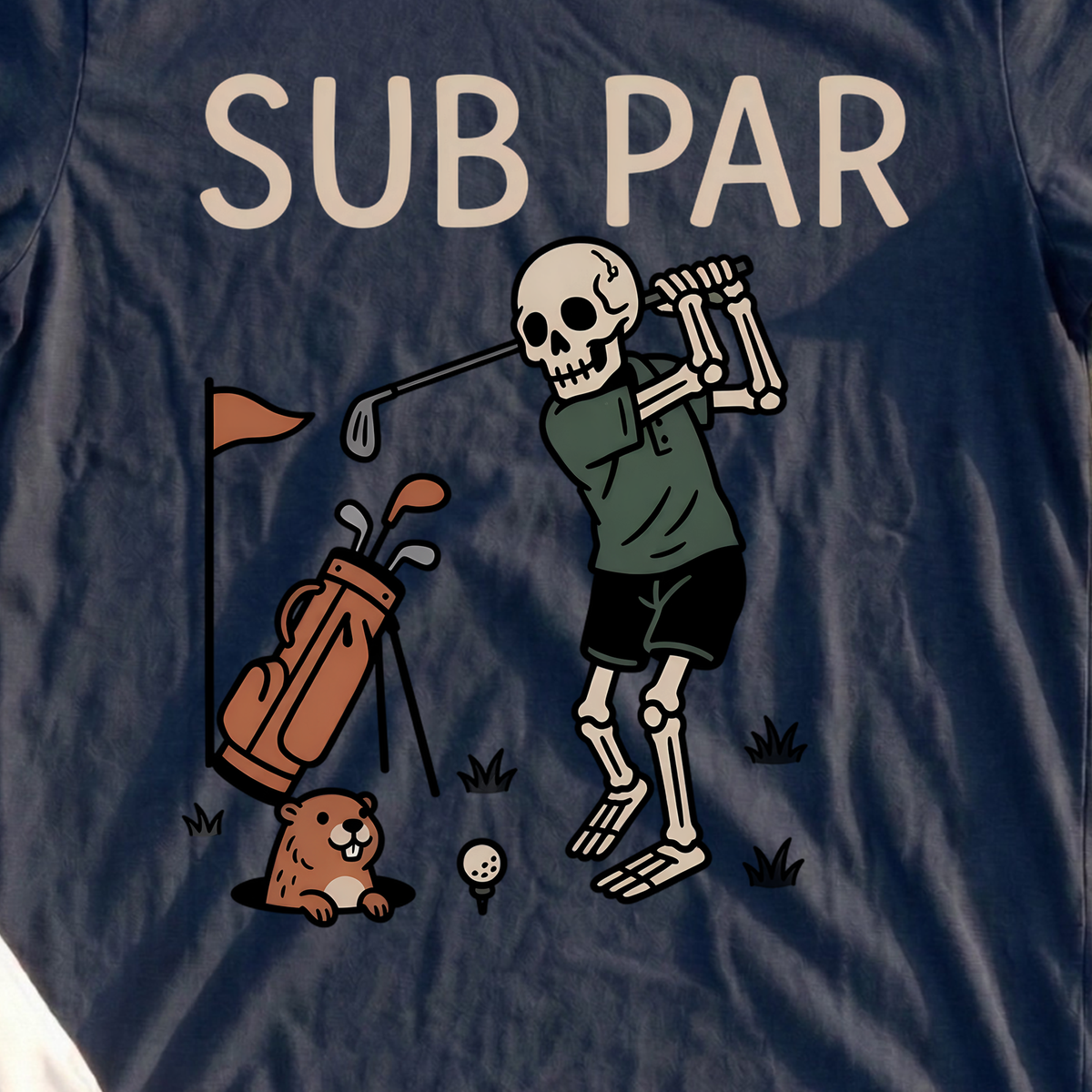 Sub Par Skeleton Tee, print close-up on Navy