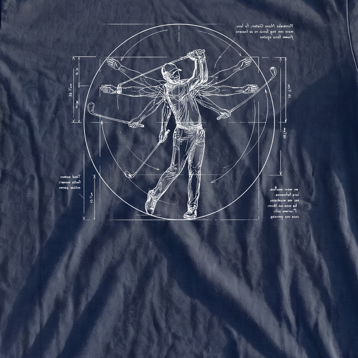 Da Vinci Swing Premium Tee, print close-up on True Navy