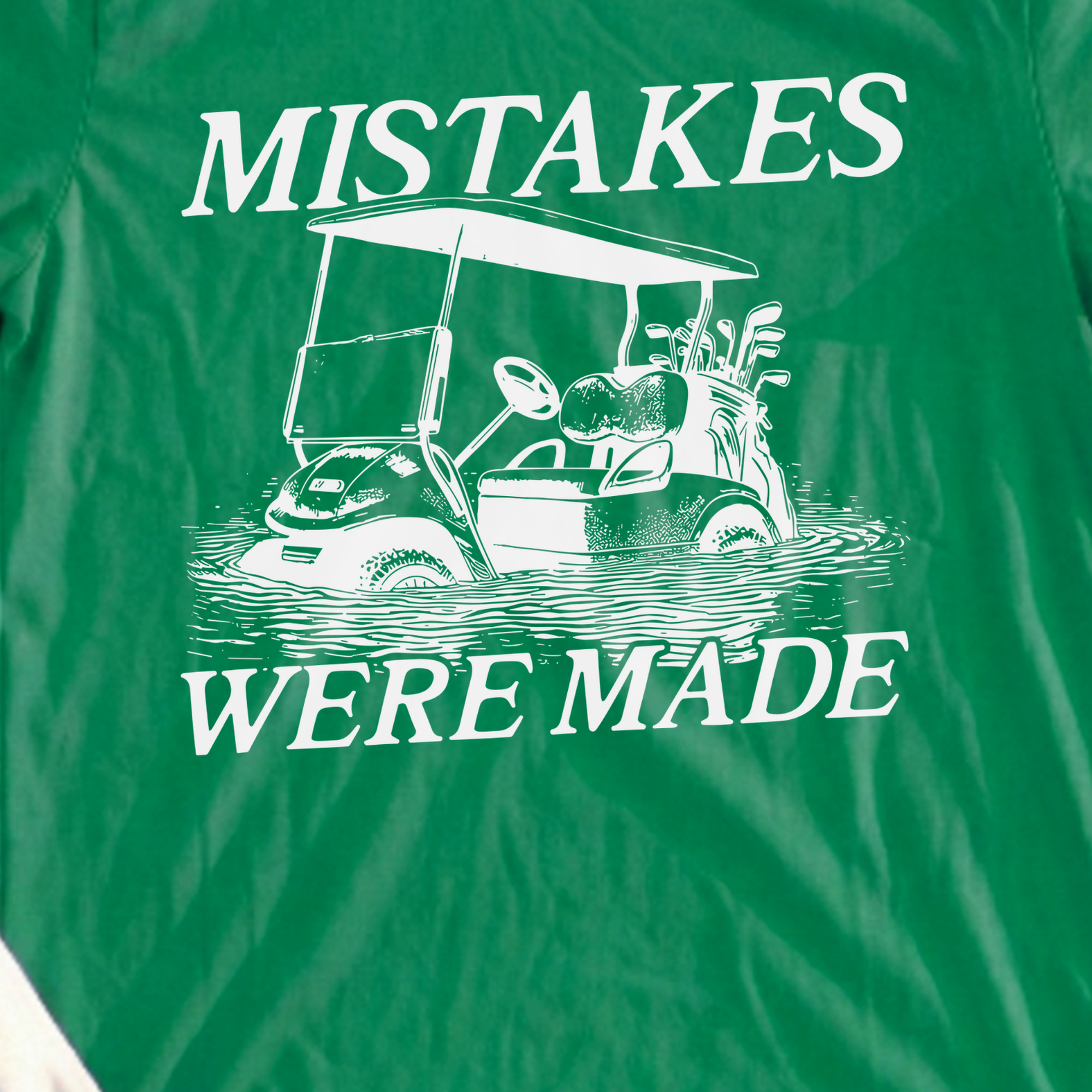 Mistakes Were Made Tee, print close-up on Irish Green