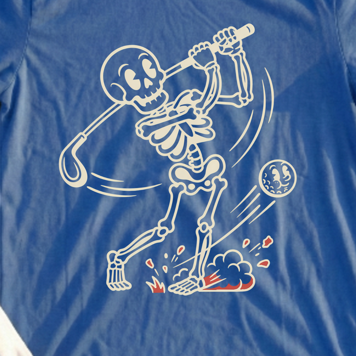 Skeleton Swing Line Tee, print close-up on Royal