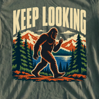 Keep Looking Tee, print close-up on Military Green