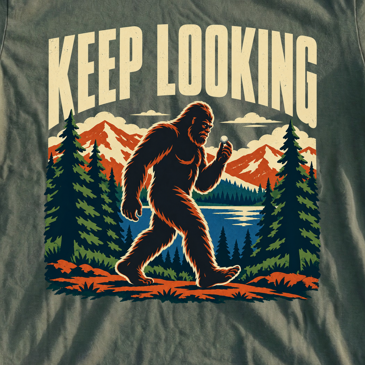 Keep Looking Tee, print close-up on Military Green