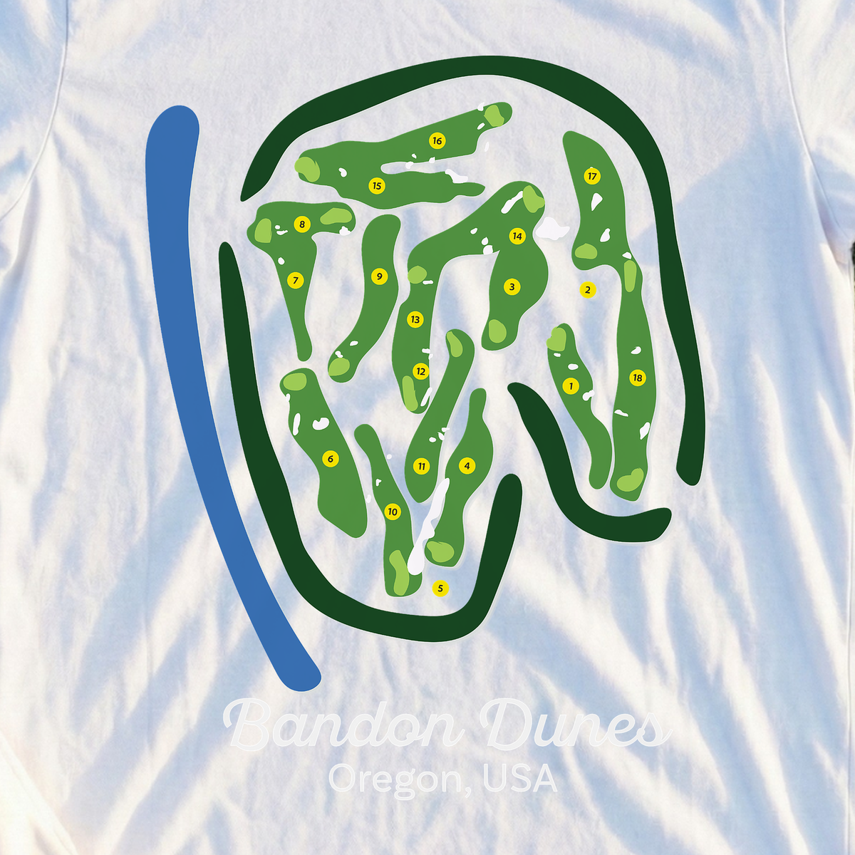 Bandon Dunes Course Map Tee, print close-up on White