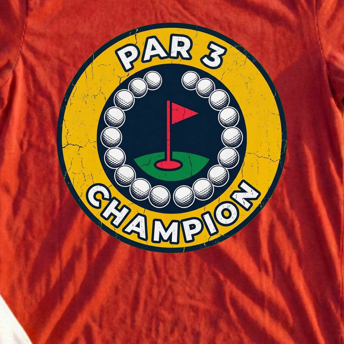 Par 3 Champion Medal Tee, print close-up on Red