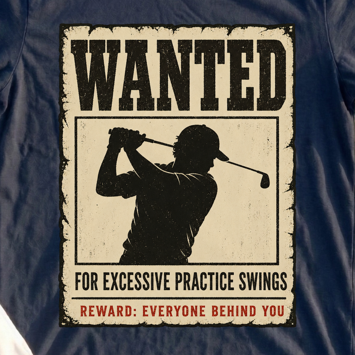 Excessive Practice Swings Tee, print close-up on Navy