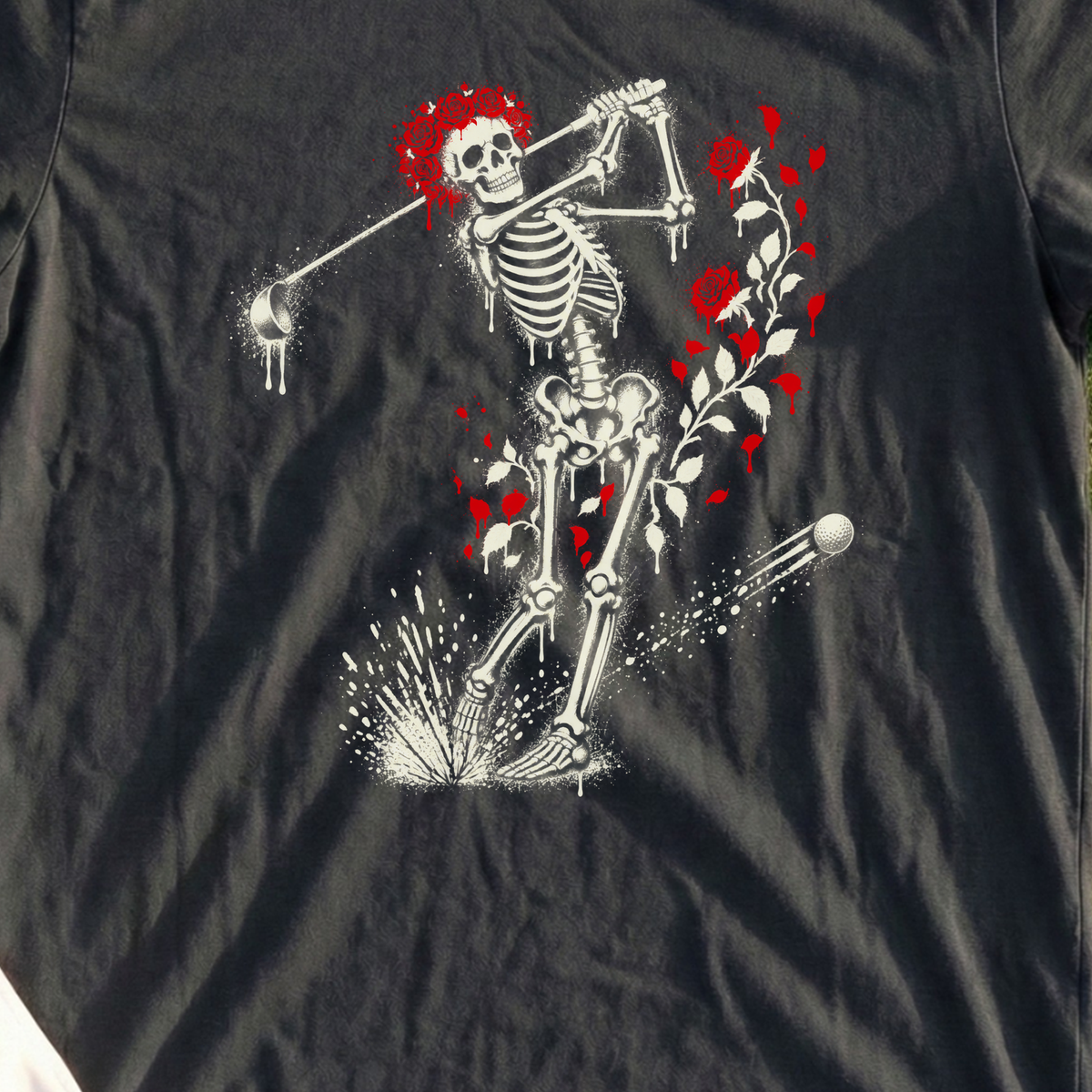 Rose Skeleton Street Art Tee, print close-up on Black