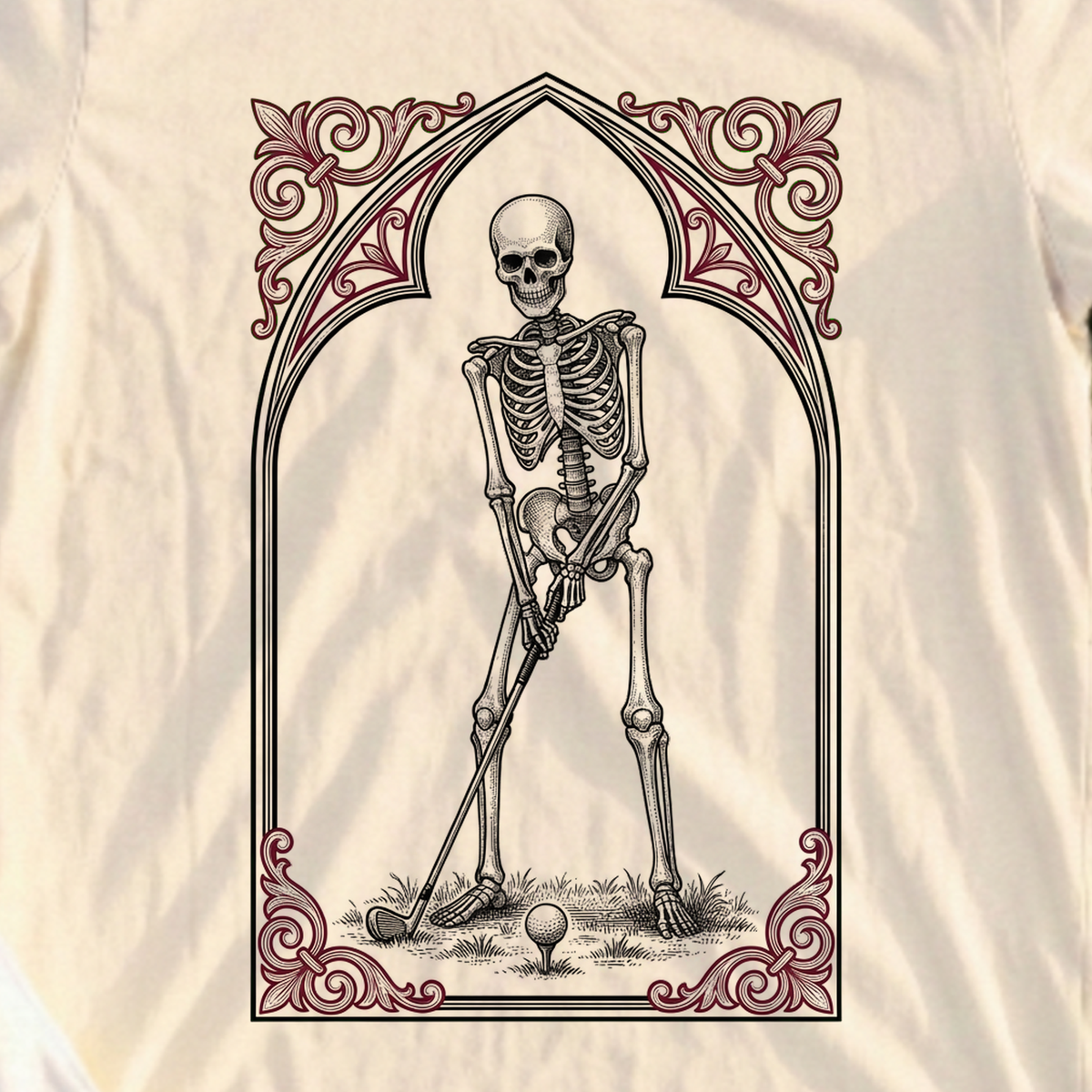 Gothic Skeleton Golfer Tee, print close-up on Natural