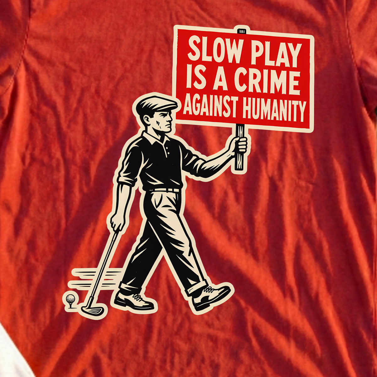 Slow Play Is A Crime Against Humanity Tee, print close-up on Red