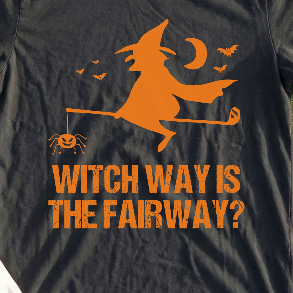 Witch Way Is The Fairway Tee, print close-up on Black