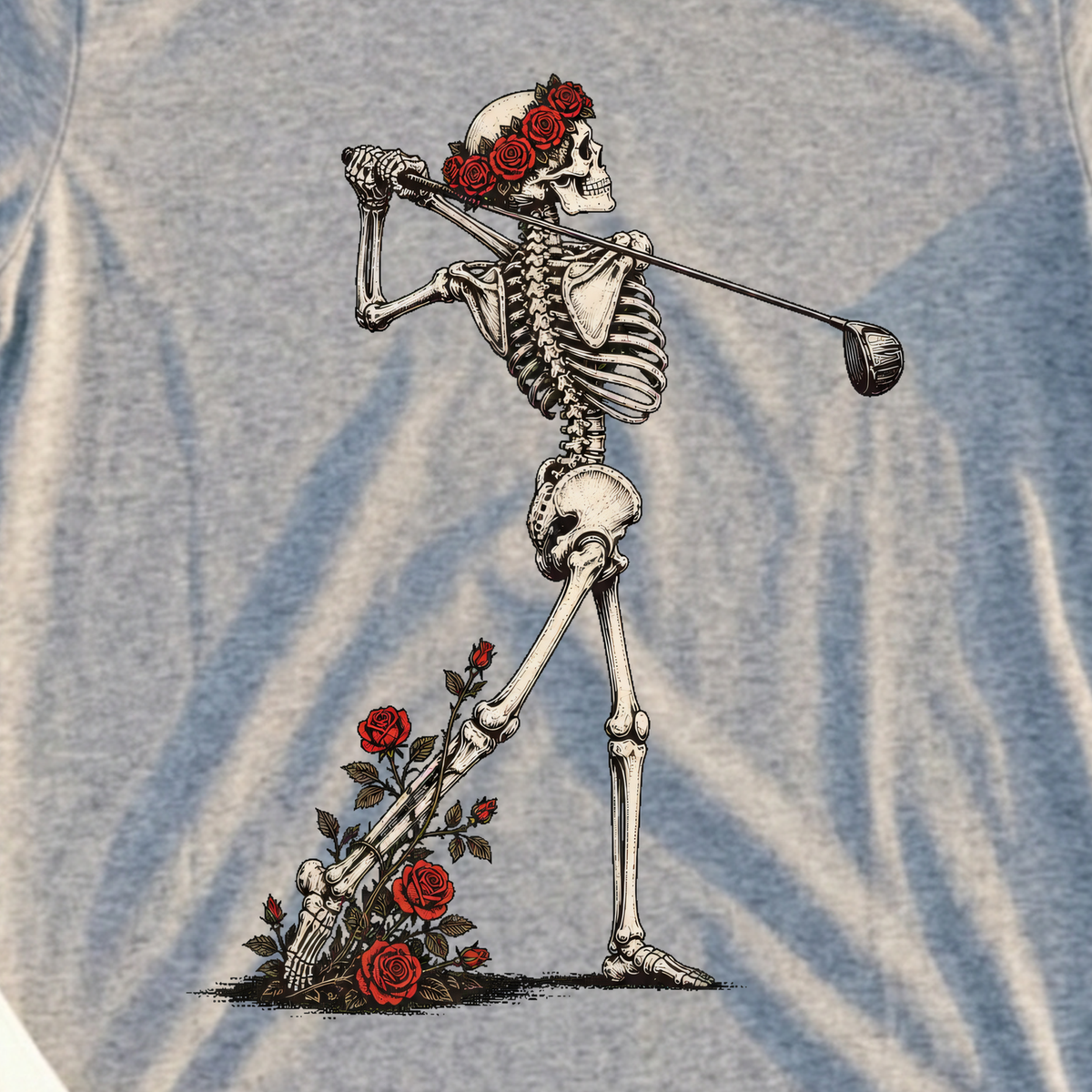 Rose Skeleton Follow Through Tee, print close-up on Sport Grey