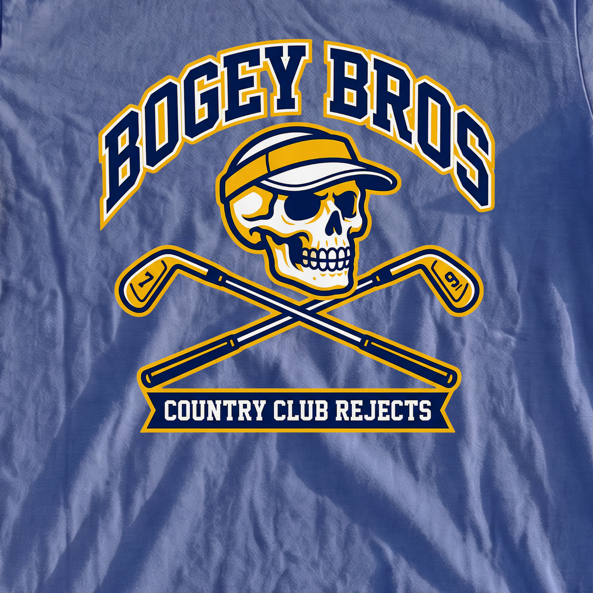 Bogey Bros Premium Tee, print close-up on Mystic Blue