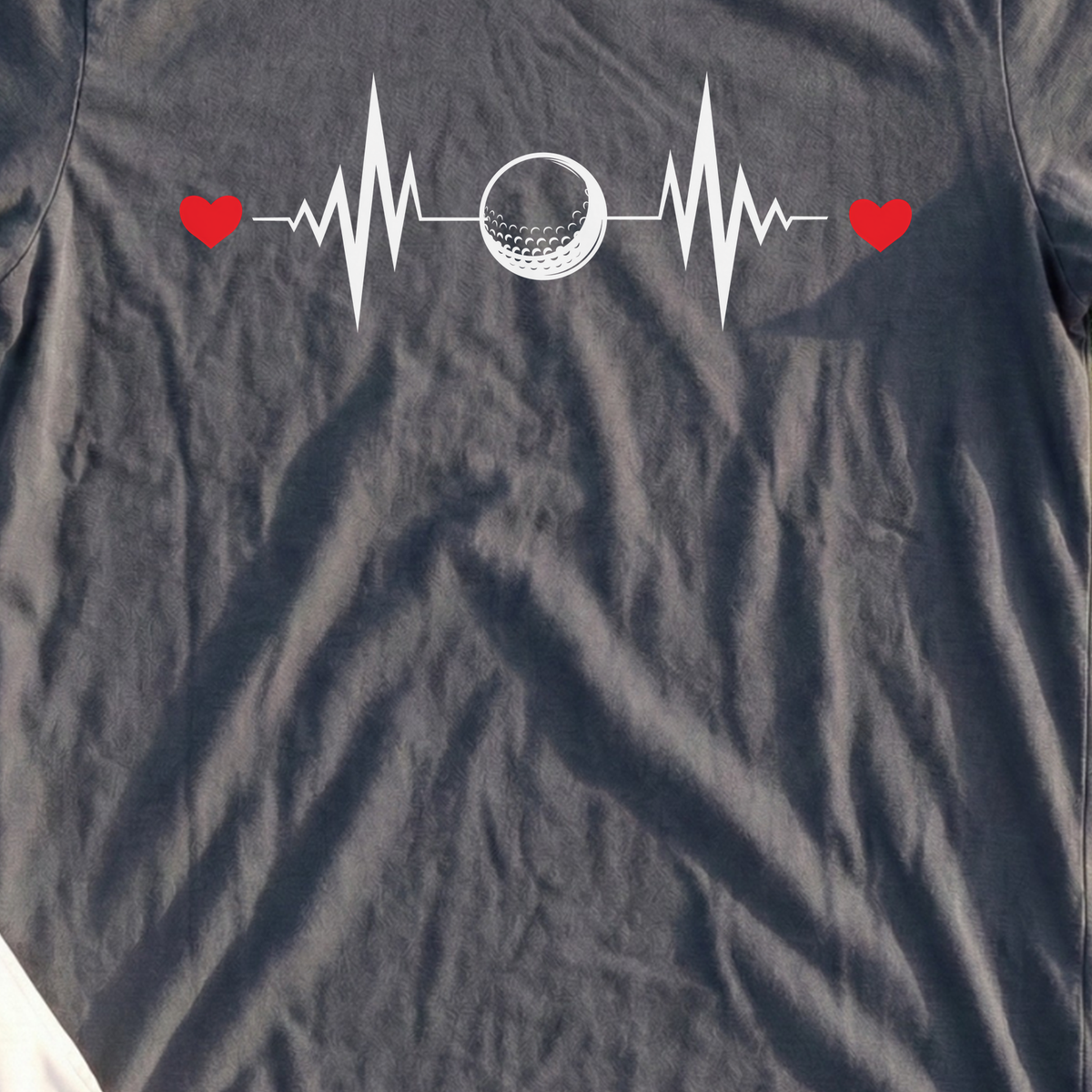 Golf Ball EKG Tee, print close-up on Dark Heather