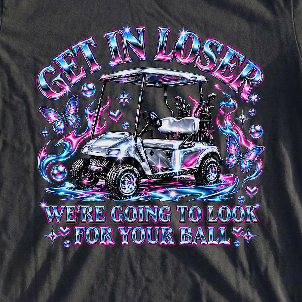 Get In Loser Chrome Tee, print close-up on Black