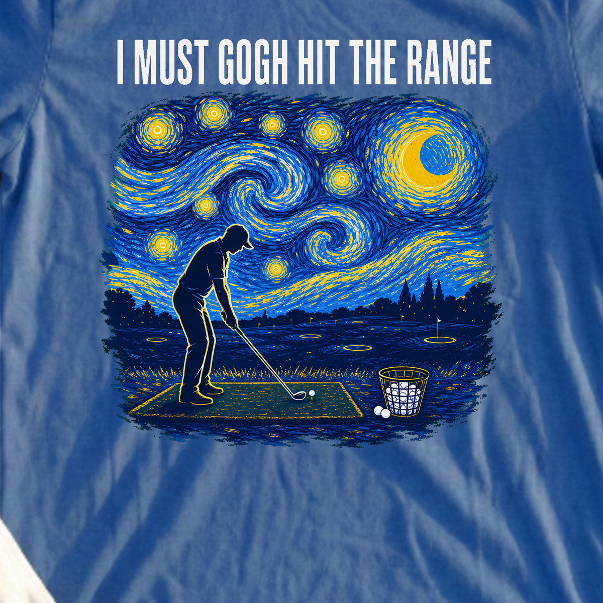 I Must Gogh Hit The Range Tee, print close-up on Royal