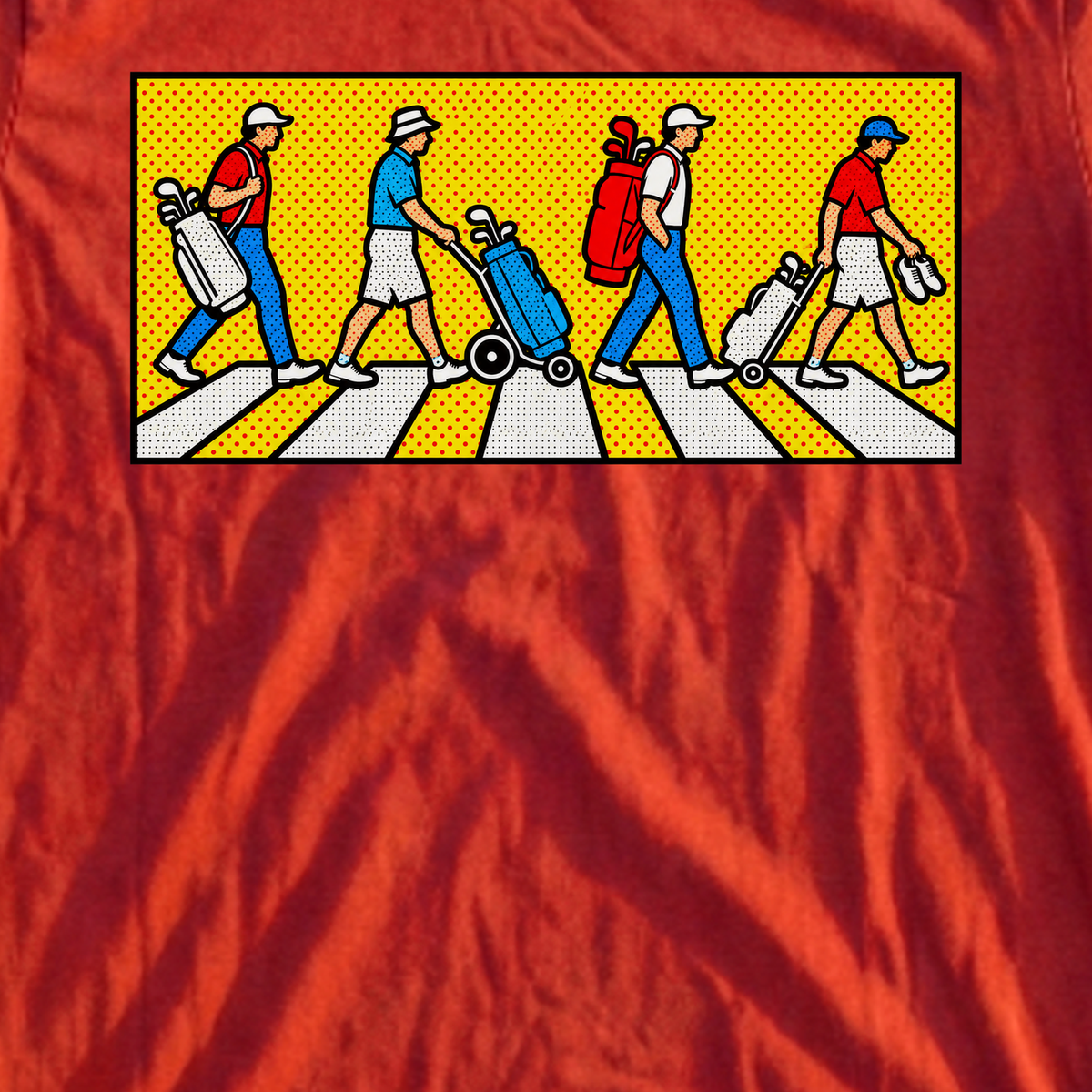 The Crossing Pop Art Tee, print close-up on Red