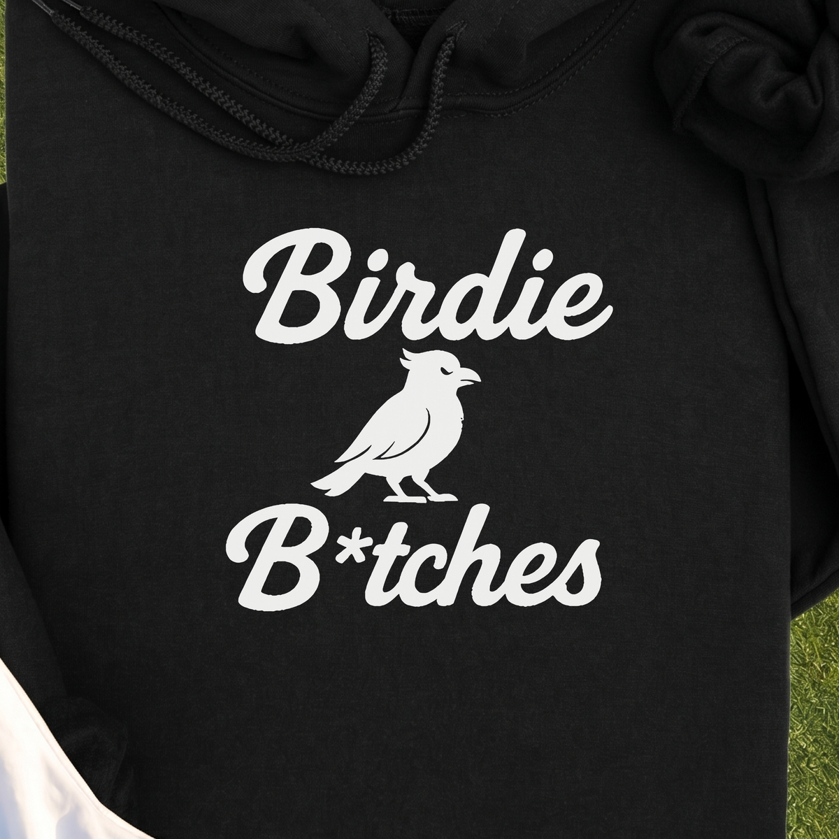 Birdie B*itches Hoodie, print close-up on Black