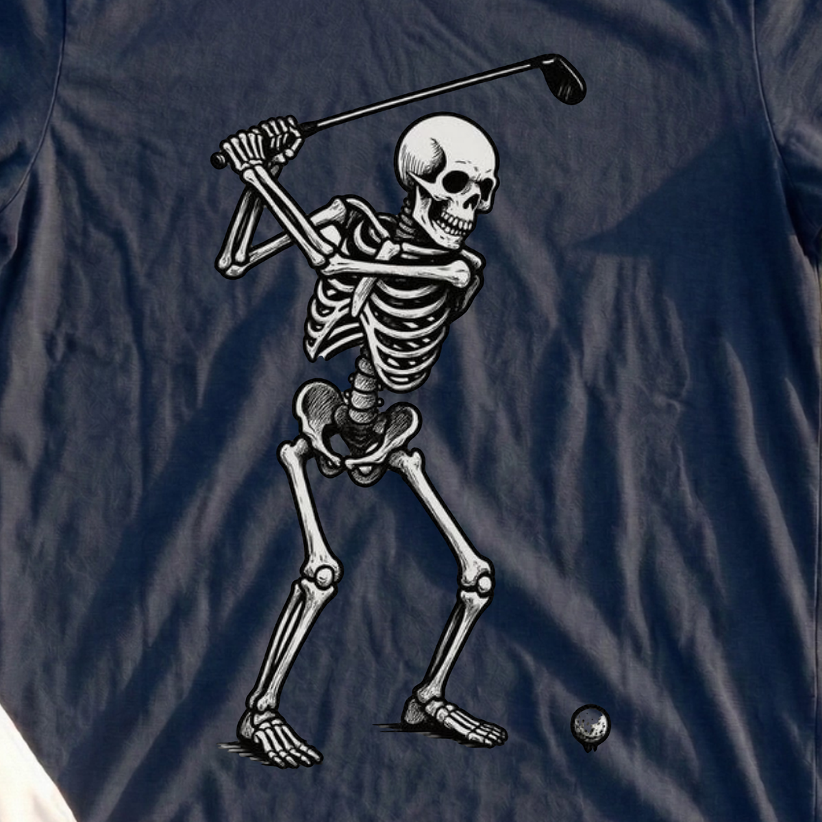 Skeletor Swing Tee, print close-up on Navy