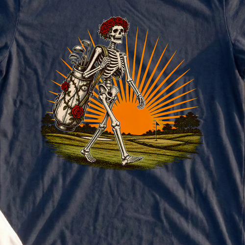 Rose Skeleton Sunset Walk Up Tee, print close-up on Navy