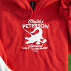 Chubbs Peterson Golf Tournament Hoodie, print close-up on Red