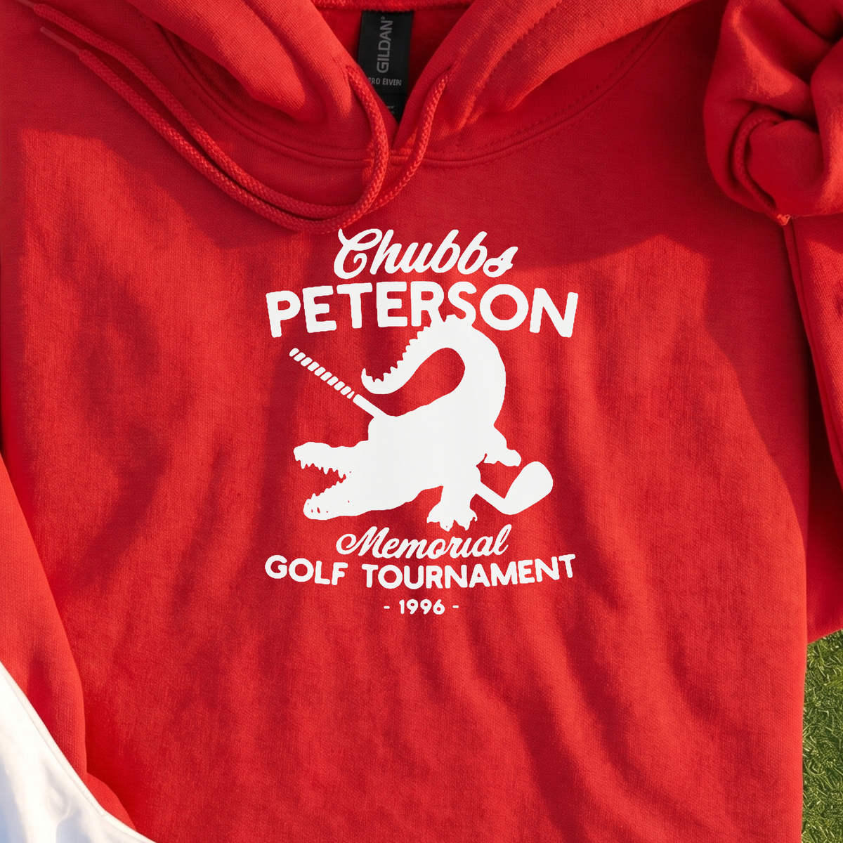 Chubbs Peterson Golf Tournament Hoodie, print close-up on Red