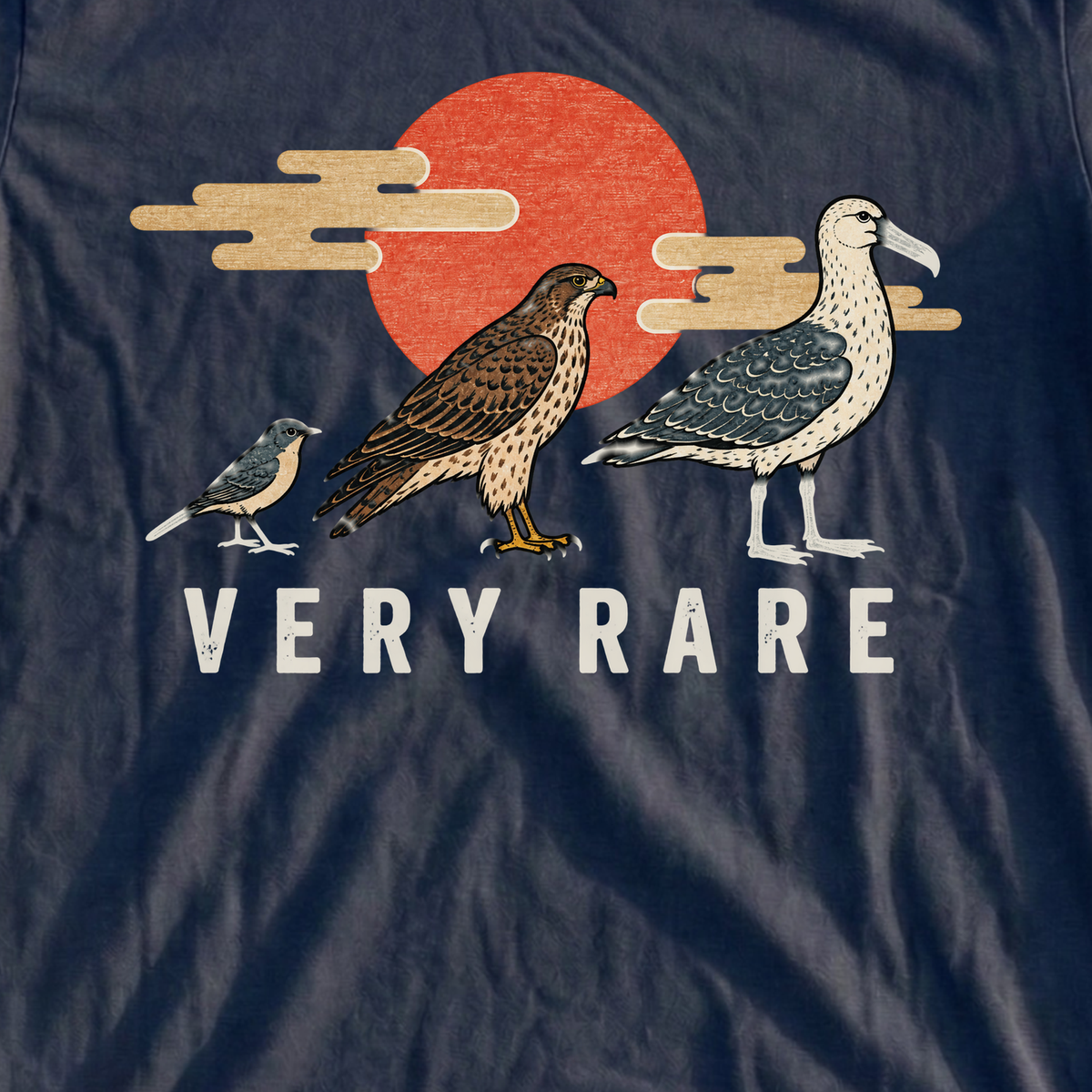 Very Rare Sunrise Tee, print close-up on Navy