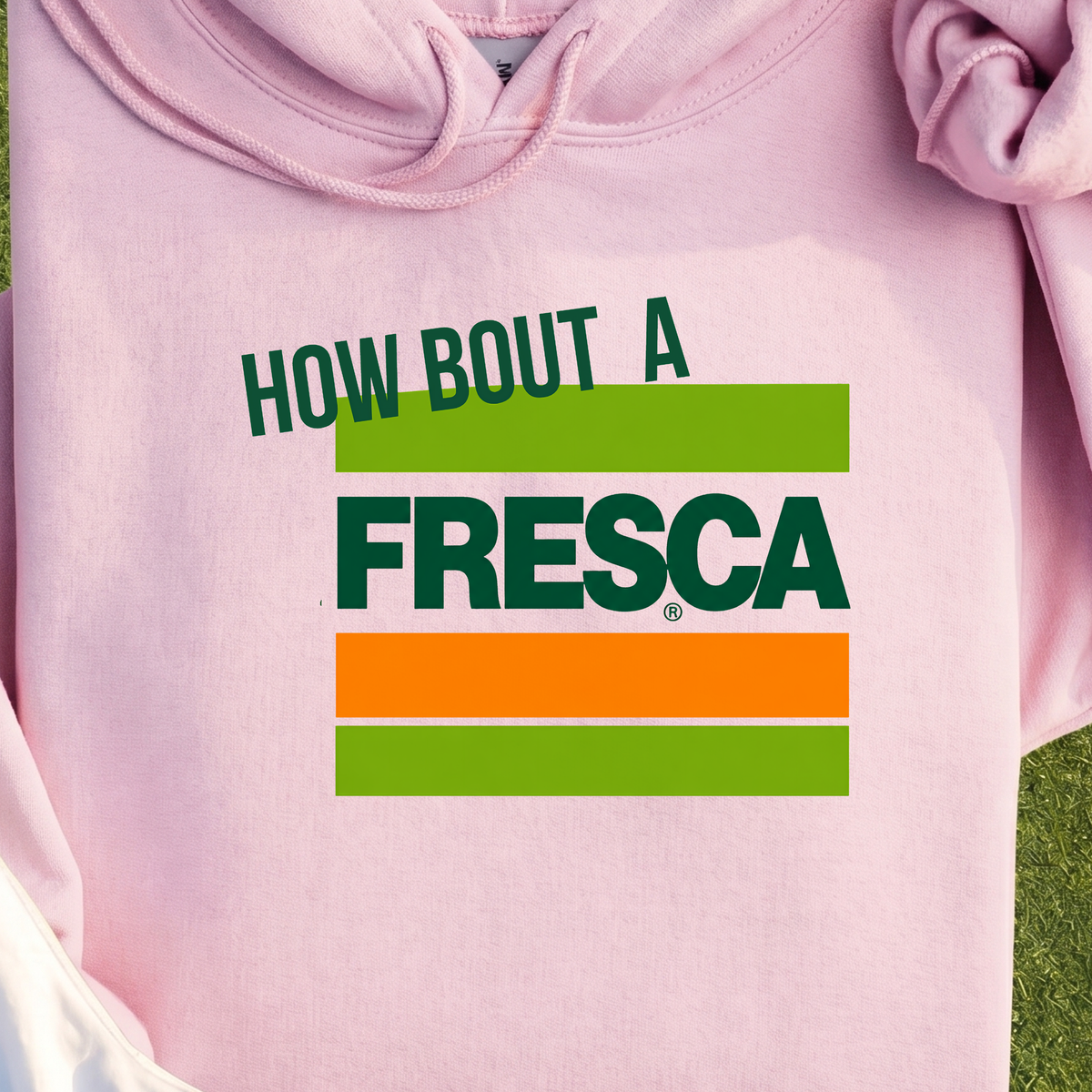 How About A Fresca Hoodie, print close-up on Light Pink