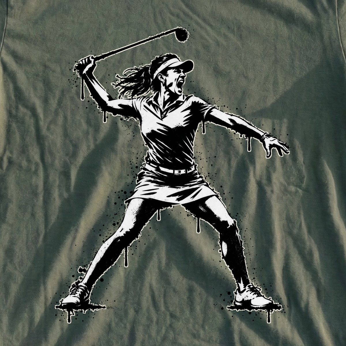 Angry Female Golfer Drip Tee, print close-up on Military Green