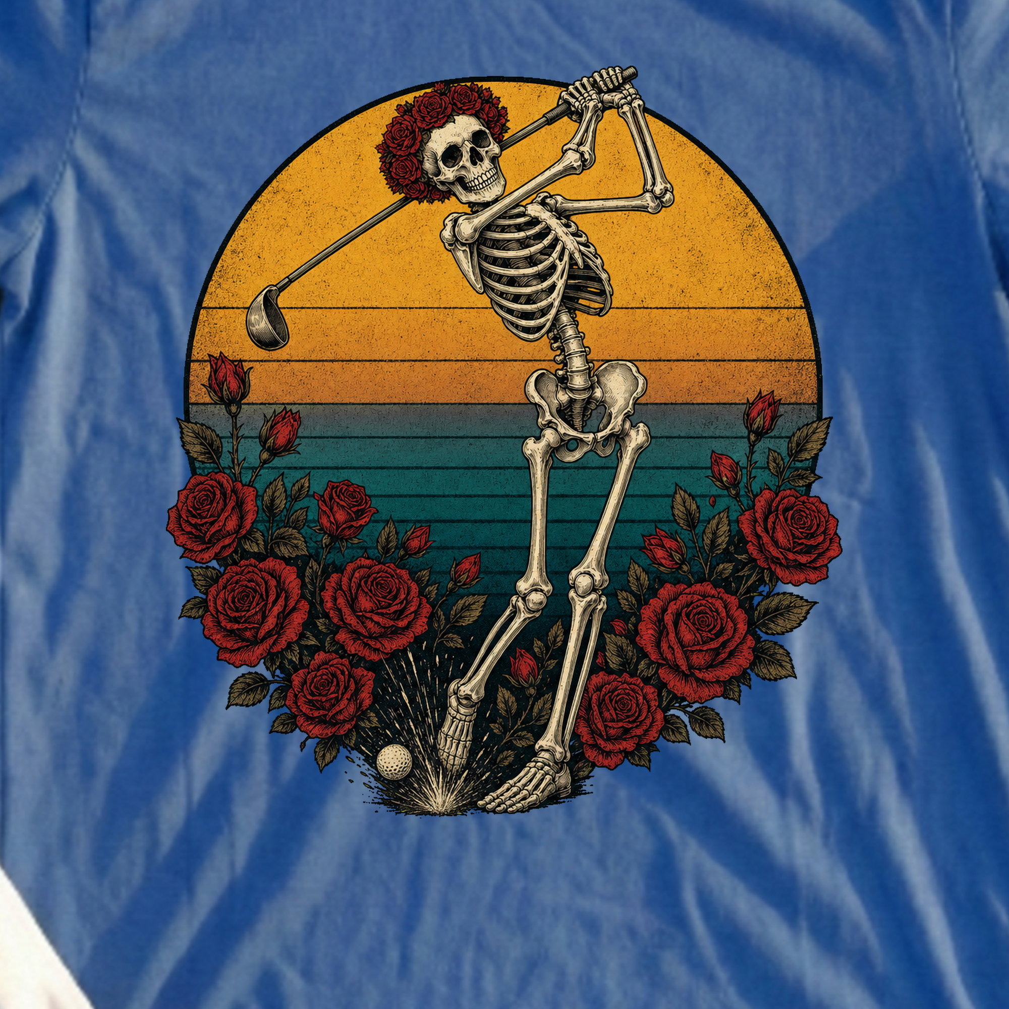 Skeleton Swing Sunset Tee, print close-up on Royal