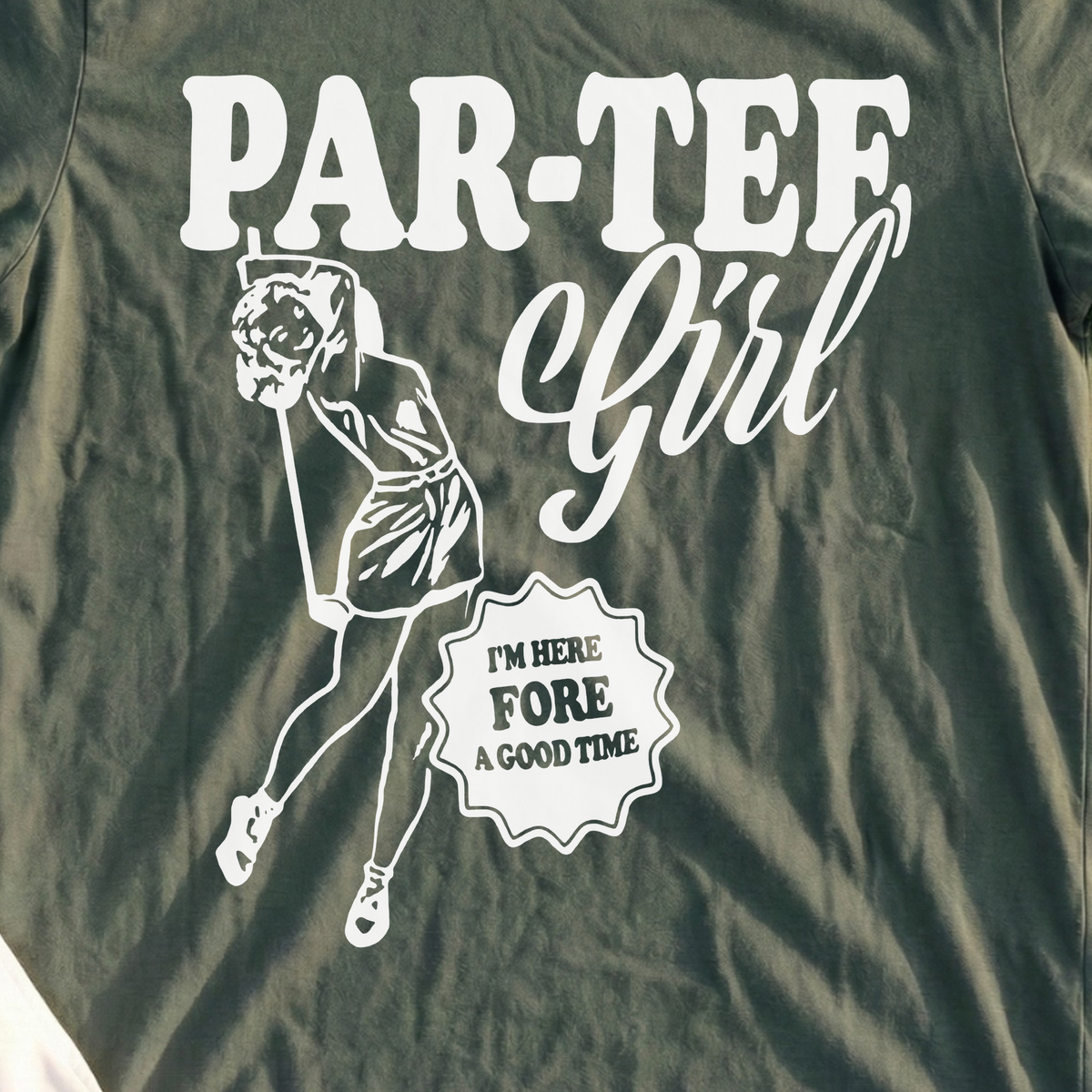Par-Tee Girl Tee, print close-up on Military Green