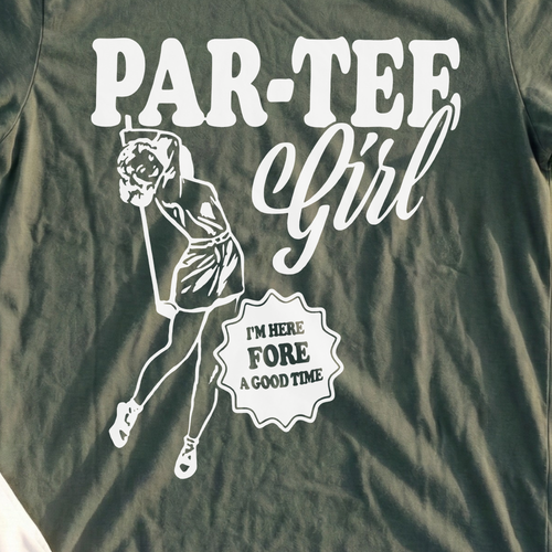 Par-Tee Girl Tee, print close-up on Military Green