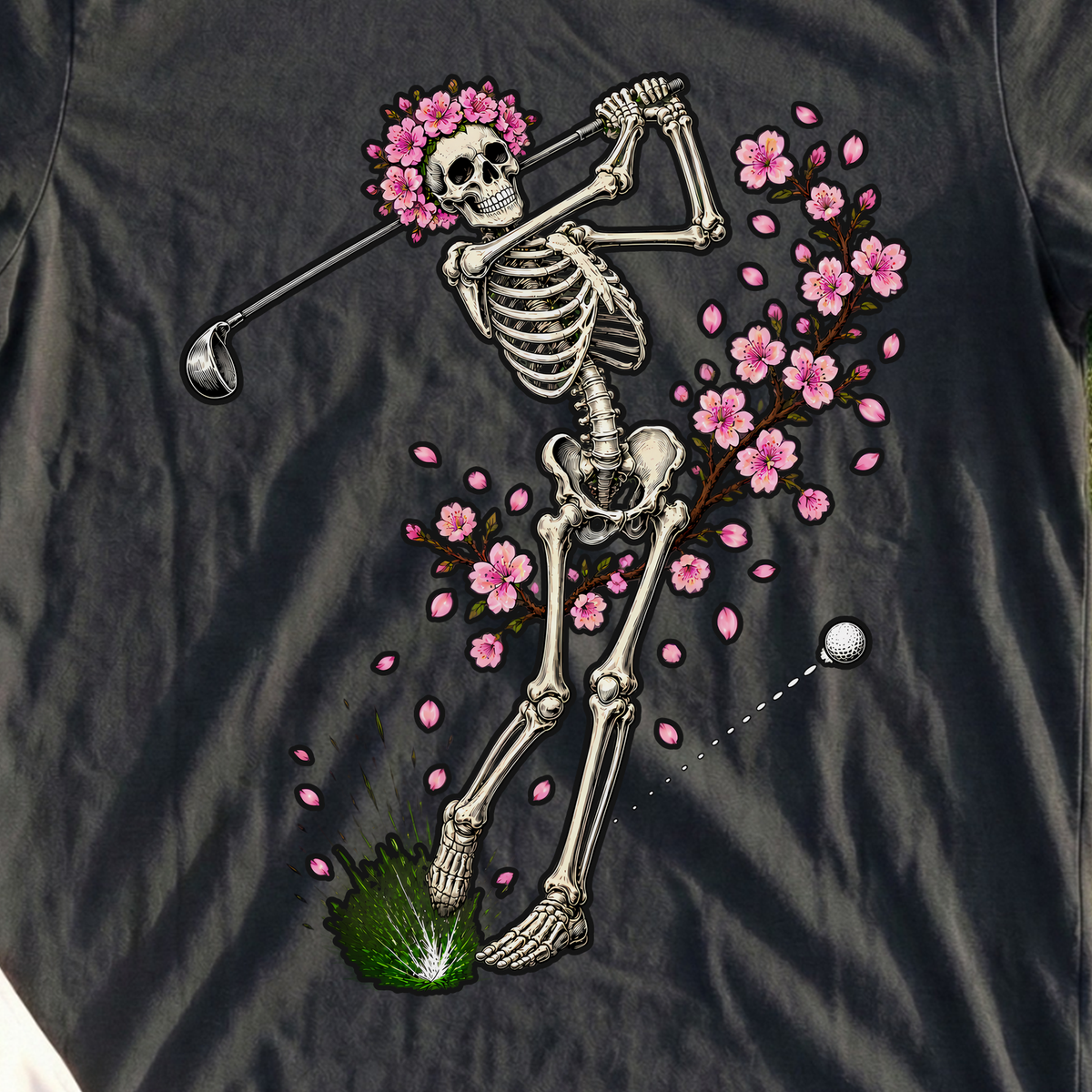 Cherry Blossom Skeleton Swing Tee, print close-up on Black