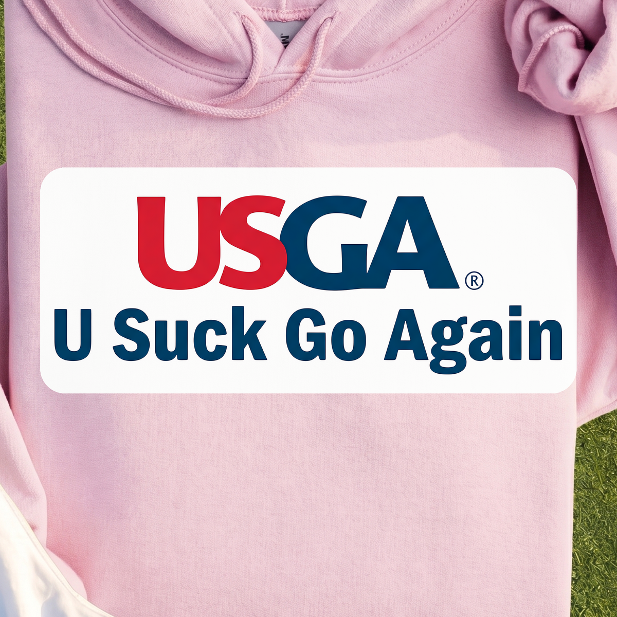 U Suck Go Again Hoodie, print close-up on Light Pink