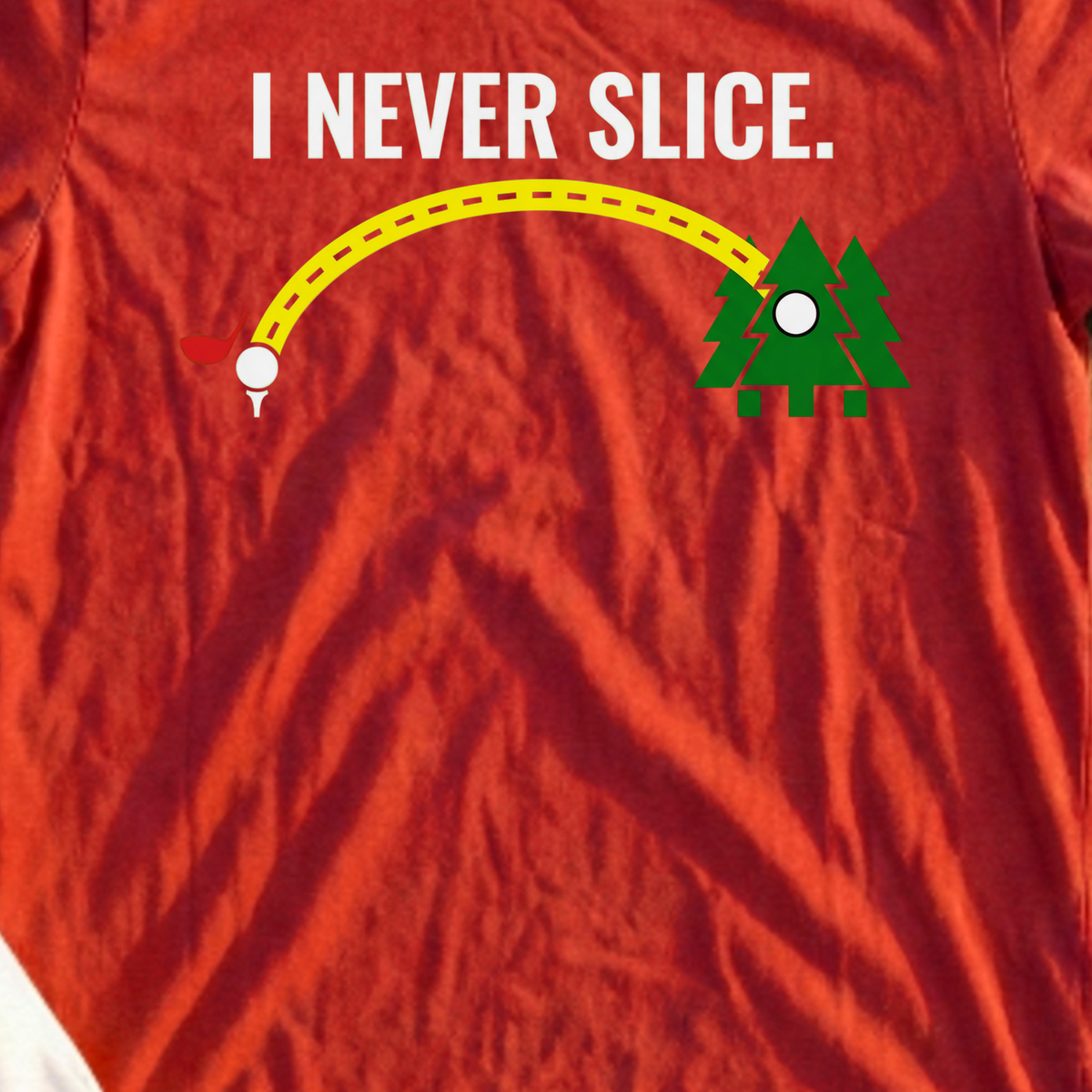 I Never Slice Tee, print close-up on Red
