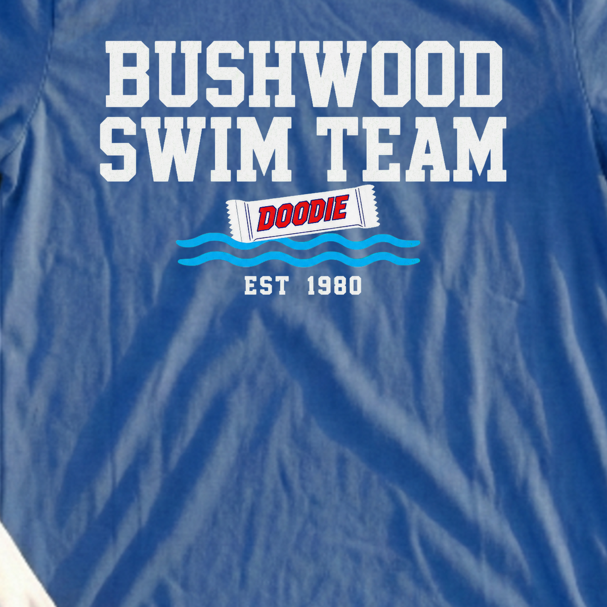 Bushwood Swim Team Tee, print close-up on Royal
