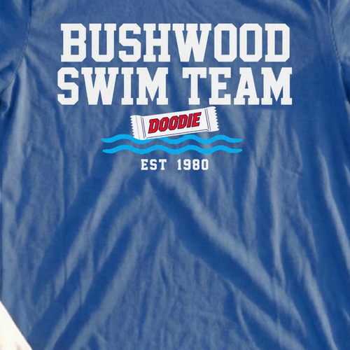 Bushwood Swim Team Tee, print close-up on Royal