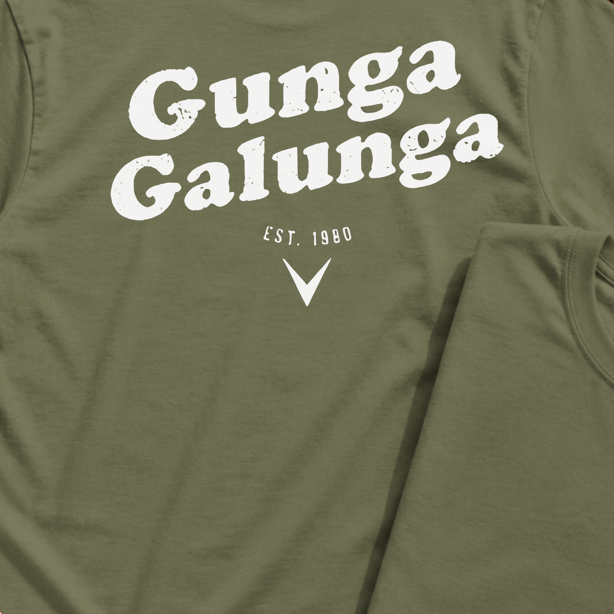 Gunga Galunga 1980 Back Print Tee, print close-up on Military Green