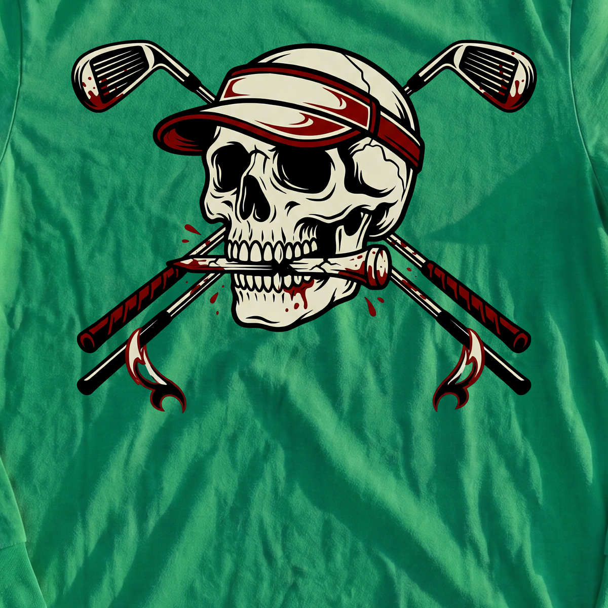 Skull and Cross Clubs Color Long Sleeve Tee, print close-up on Irish Green