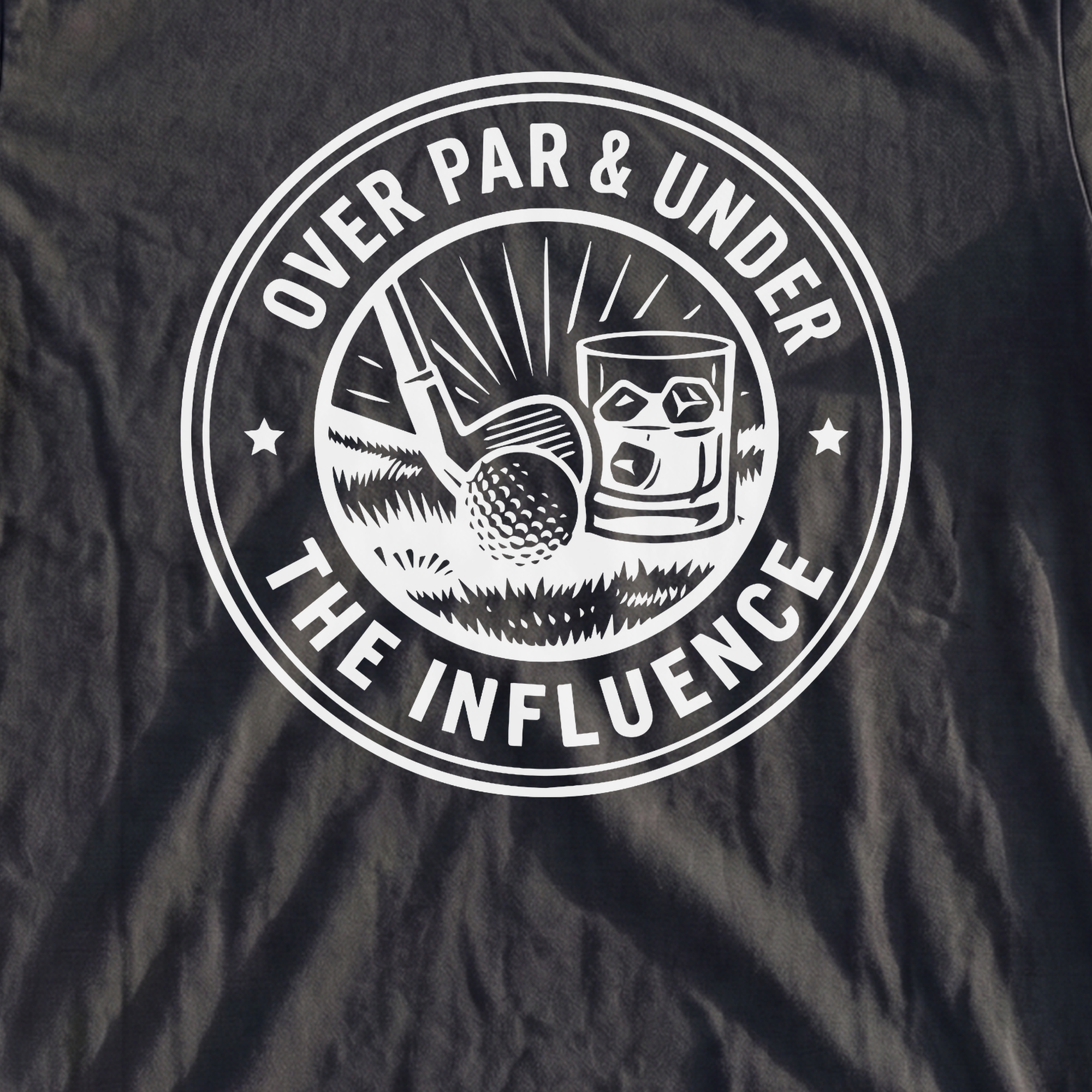 Over Par & Under The Influence Heavyweight Tee, print close-up on Moss