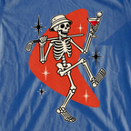 Martini Skeleton Strut Propaganda Tee, print close-up on Royal