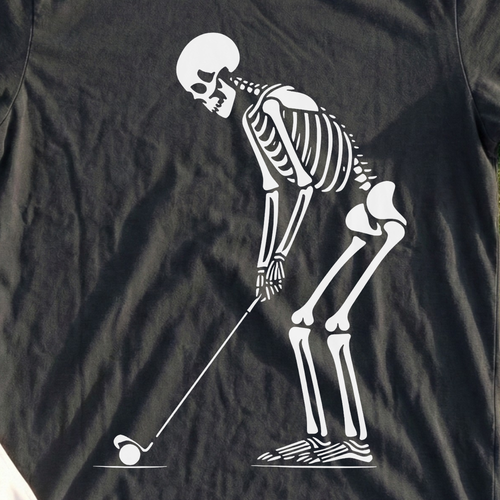 Skeleton Golfer Tee, print close-up on Black