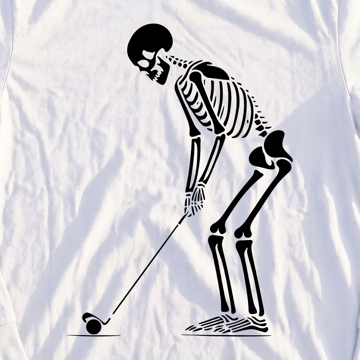 Skeleton Golfer Long Sleeve Tee, print close-up on White