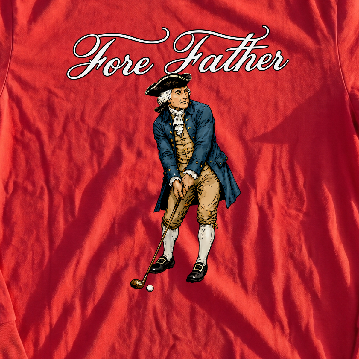 Fore Father Long Sleeve Tee, print close-up on Red