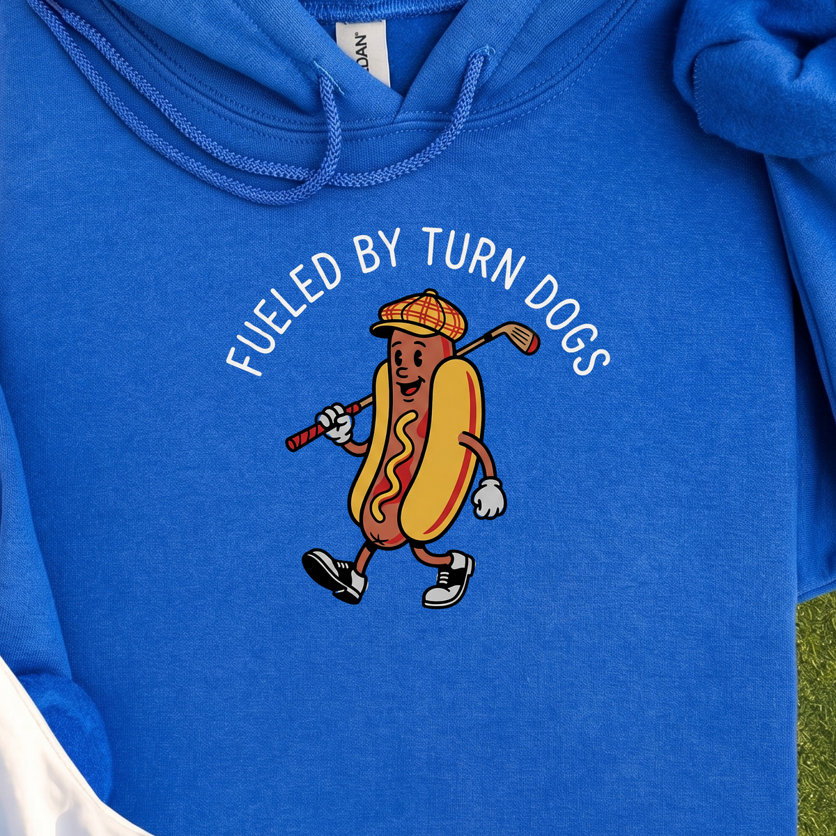 Turn Dog Fuel Hoodie, print close-up on Royal